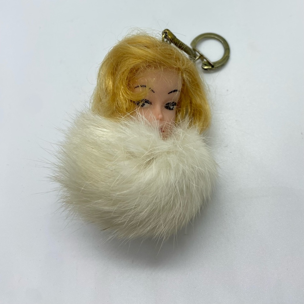 Vintage Barbie Doll Head Only Keychain Real Rabbit Tail Fur Blonde Wendy Clone - Picture 10 of 11